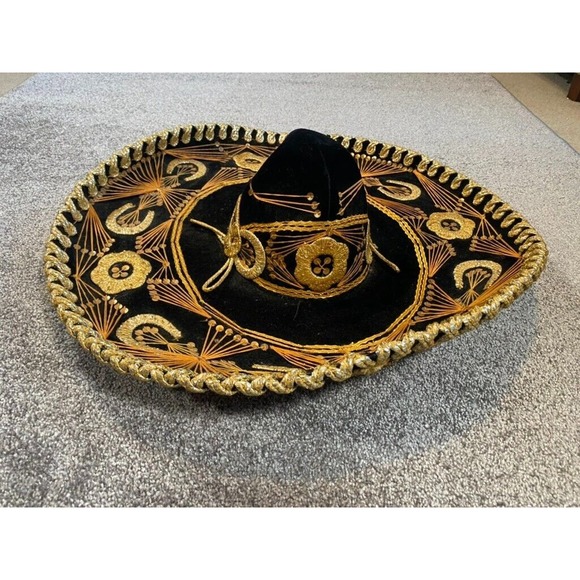calidad Other - Vintage Calidad Mexican Sombrero Hat Black Velvet Gold Sequin Horseshoe